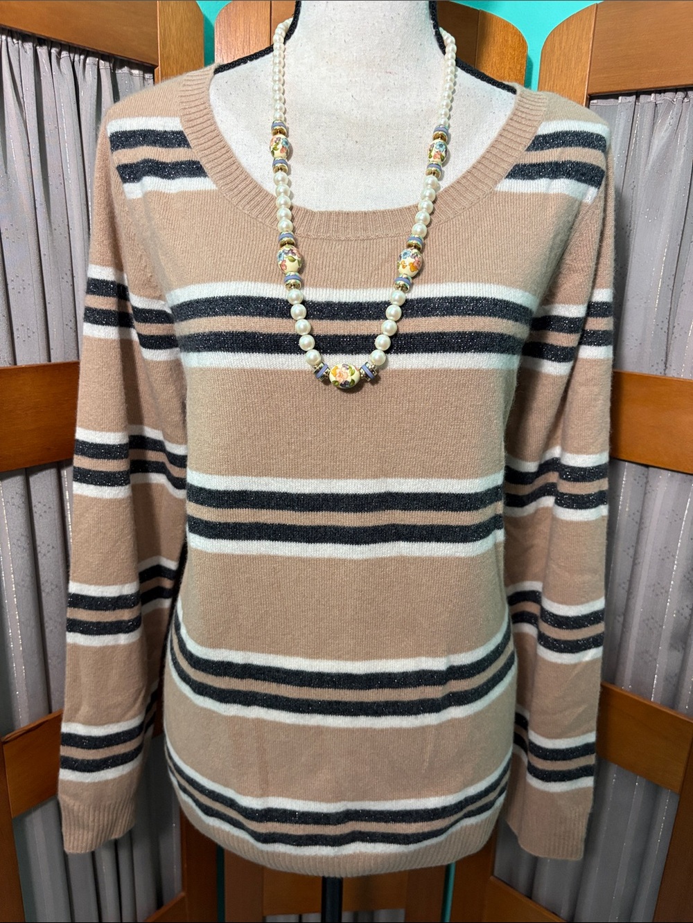 Soft Surroundings Tan, Black & Cream Striped Scoop Neck Cashmere Sweater